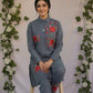 Steel Blue and Crimson Rose Embroidered Co-ord Set
