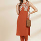 Brown Khadi Cotton Coord Set with White Motif Detailing
