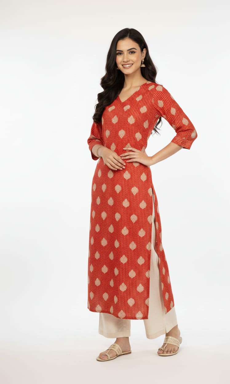 Red and Beige Straight Kurti