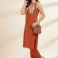 Brown Khadi Cotton Coord Set with White Motif Detailing