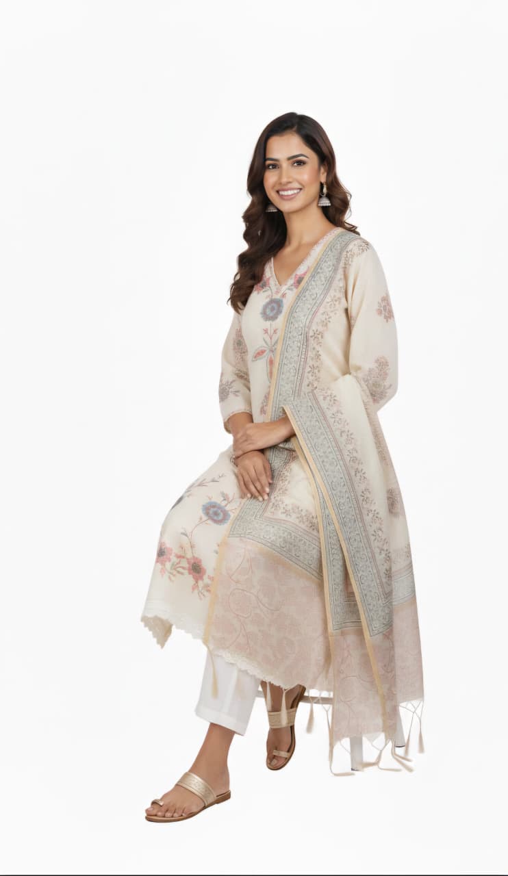 Off White pastel floral Embroidered cotton suit