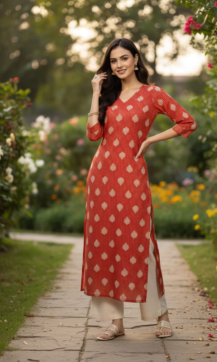 Red and Beige Straight Kurti