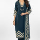Teal Blue Chevron Print Kurta Set with Tassel Detail