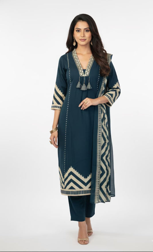 Teal Blue Chevron Print Kurta Set with Tassel Detail