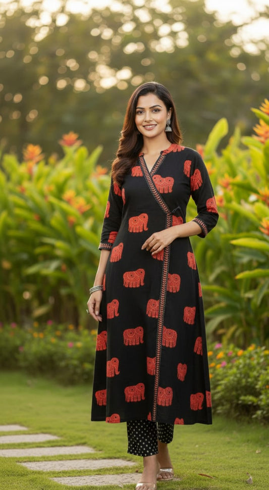 Black & Red Elephant Motif Angrakha Kurta Set
