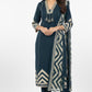 Teal Blue Chevron Print Kurta Set with Tassel Detail