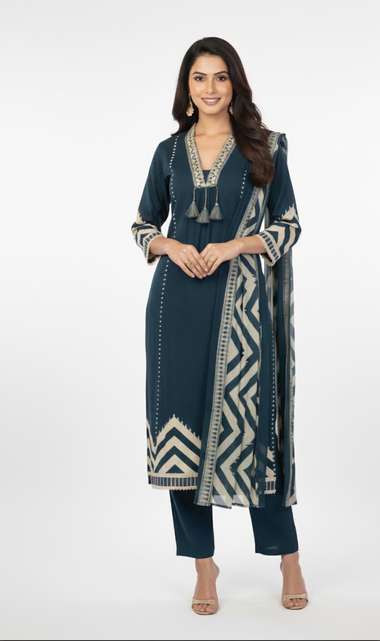 Teal Blue Chevron Print Kurta Set with Tassel Detail