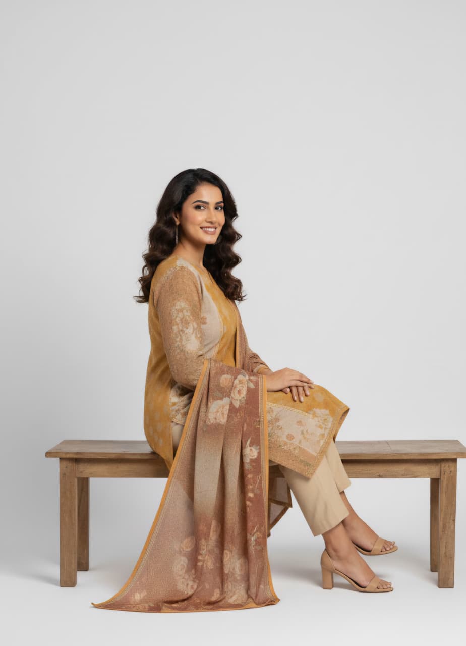 Mustard & Rust Floral Print Kurta Set with Dupatta