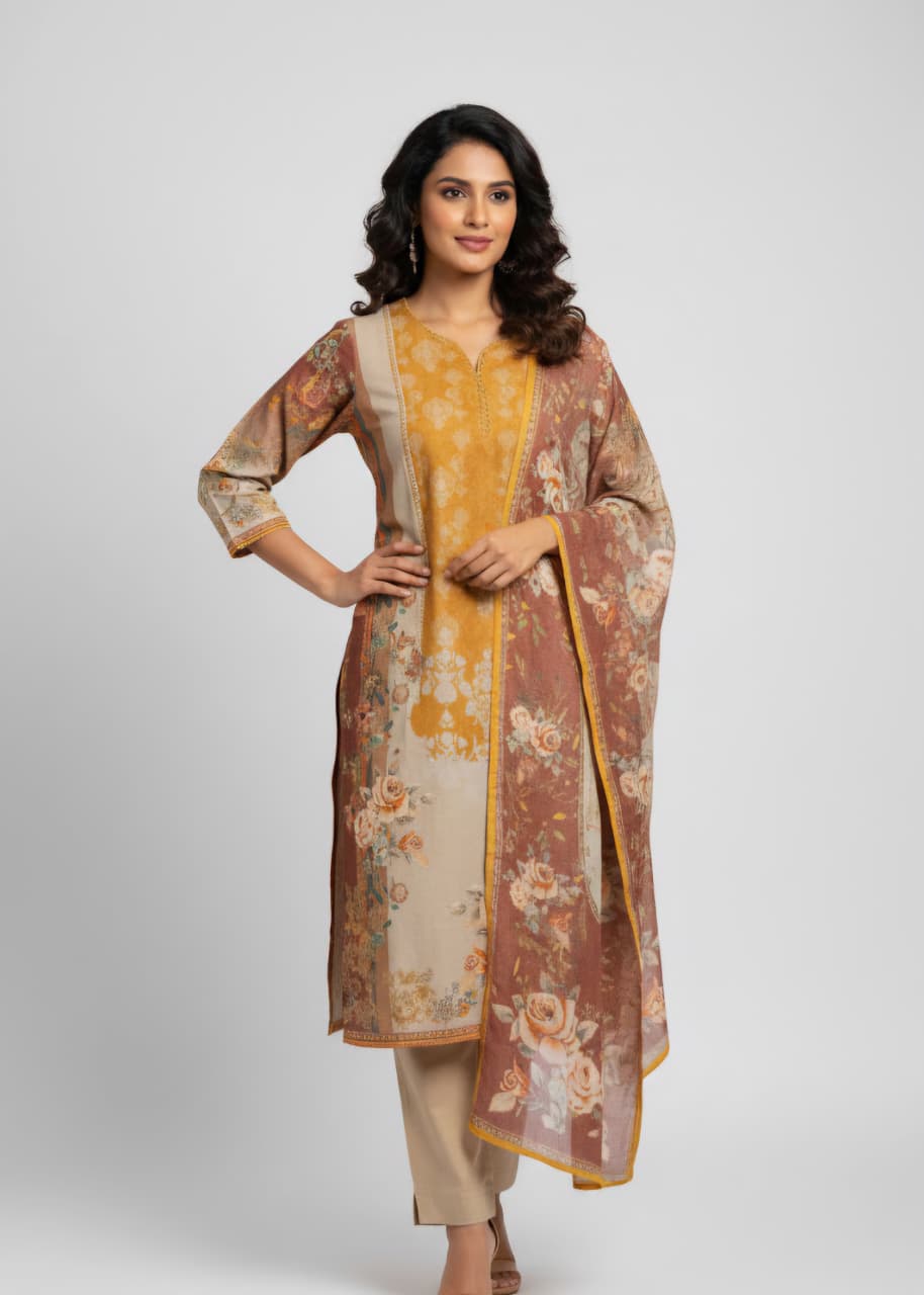 Mustard & Rust Floral Print Kurta Set with Dupatta