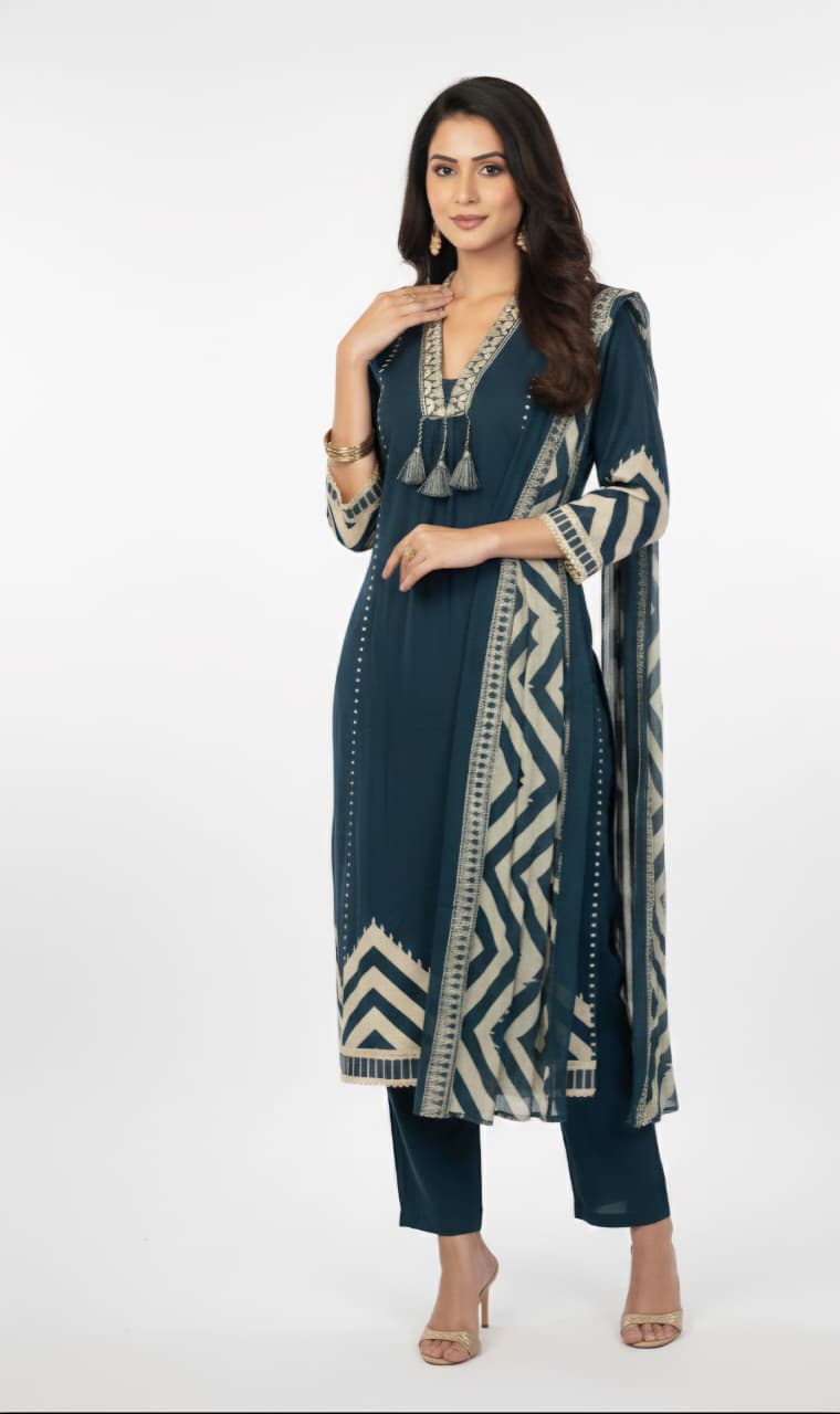 Teal Blue Chevron Print Kurta Set with Tassel Detail