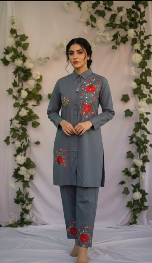 Steel Blue and Crimson Rose Embroidered Co-ord Set