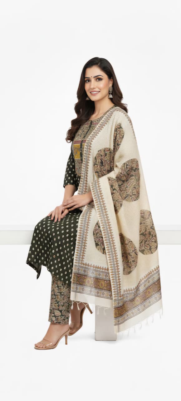 Deep Green Printed cotton suit set