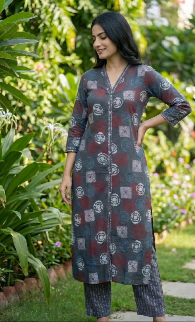 Muslin Grey Coord SetCharcoal Grey Abstract Print Cotton Suit with Matching Bottoms
