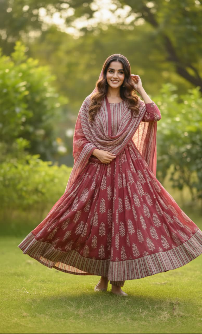 Dusty Rose and White Block Print Anarkali Set