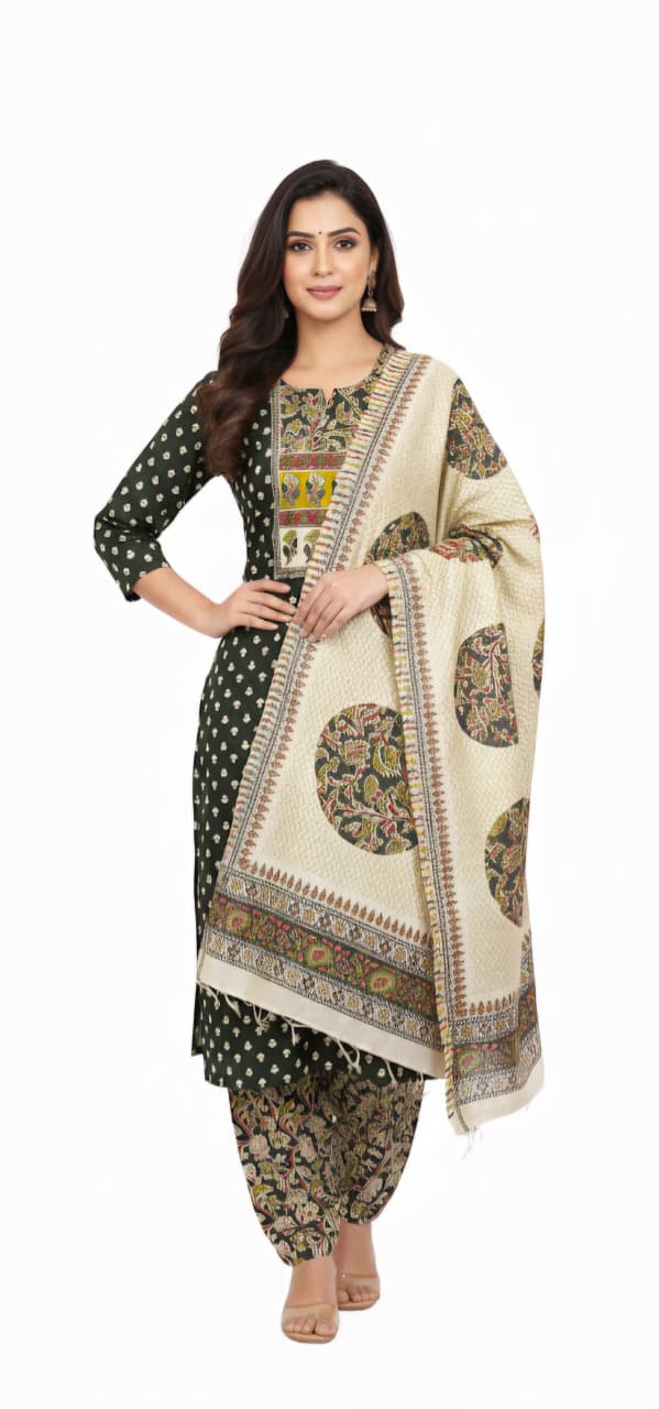 Deep Green Printed cotton suit set