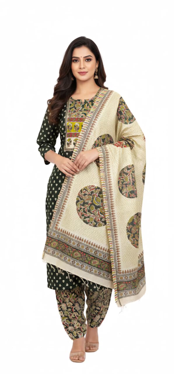 Deep Green Printed cotton suit set