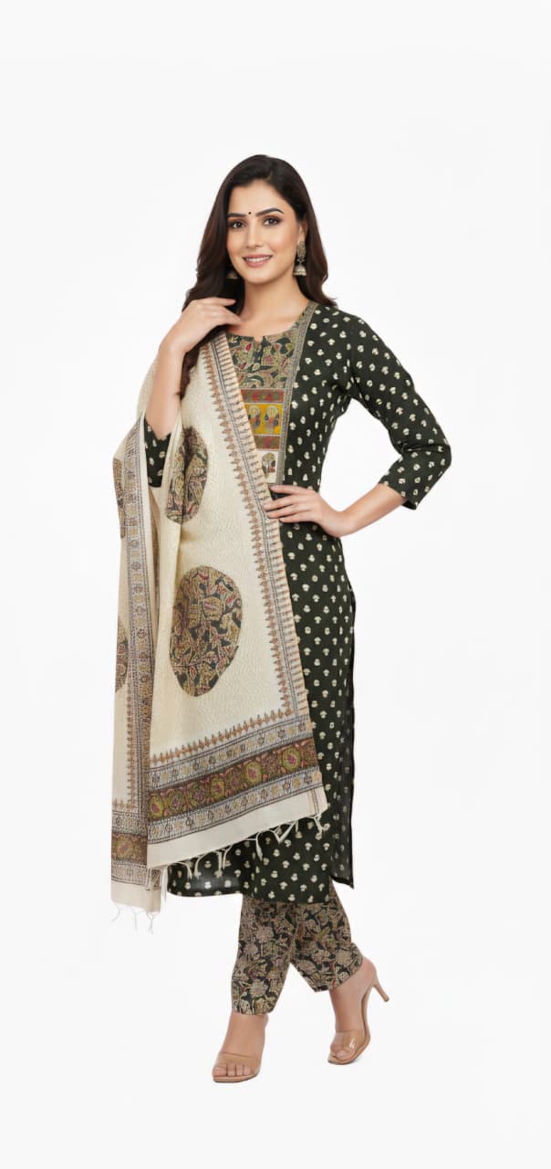 Deep Green Printed cotton suit set