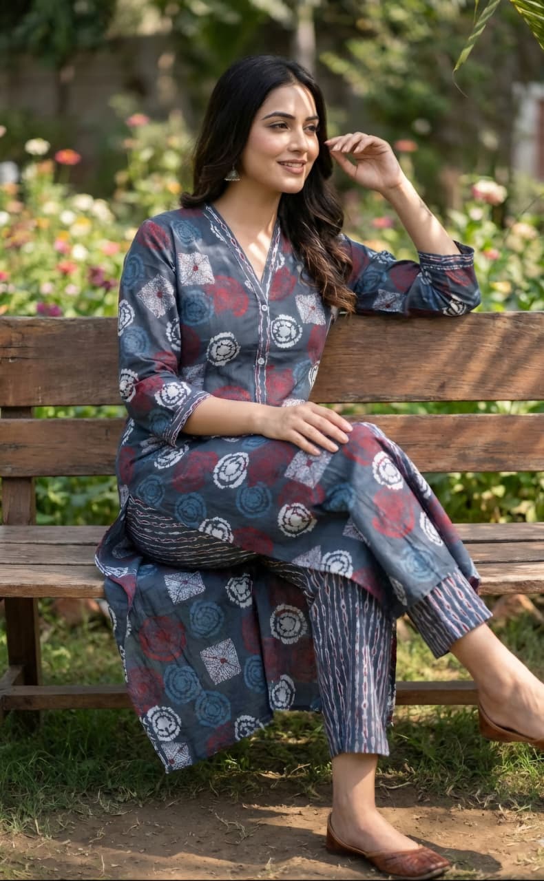Muslin Grey Coord SetCharcoal Grey Abstract Print Cotton Suit with Matching Bottoms