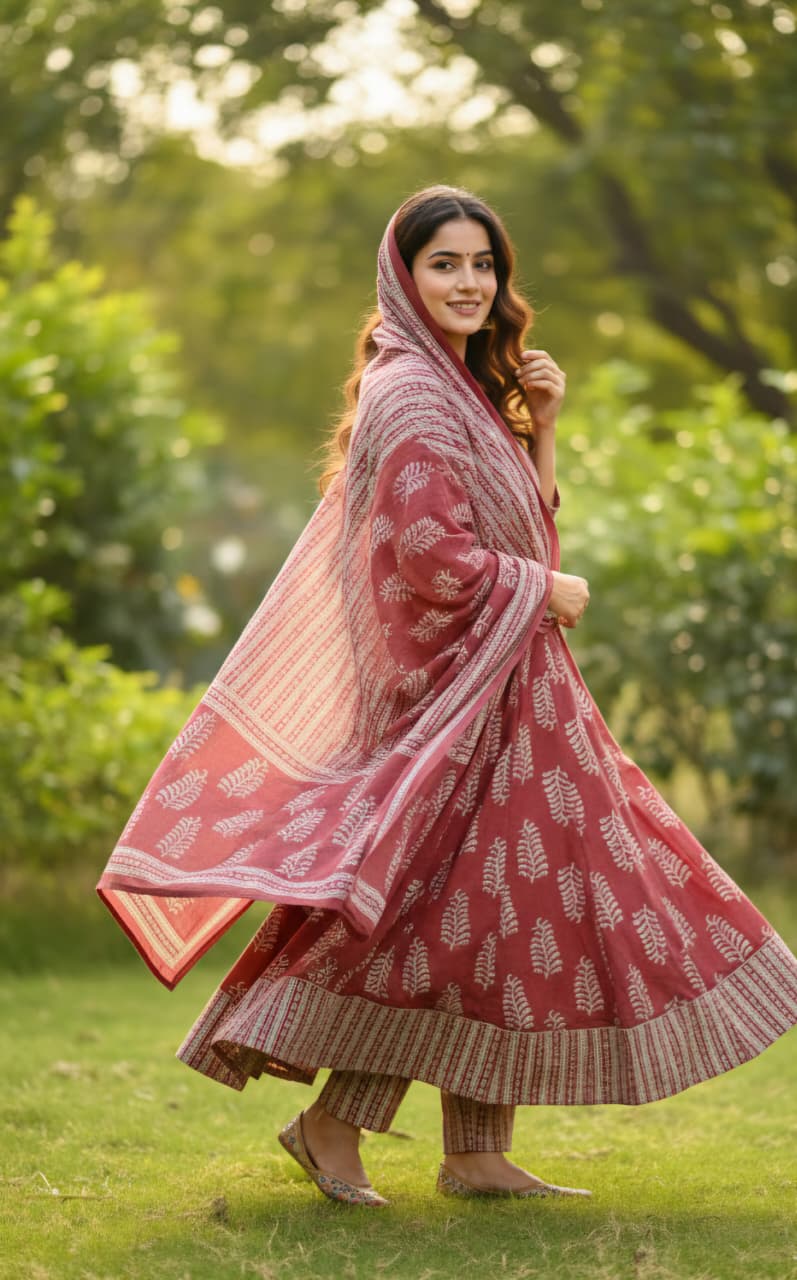 Dusty Rose and White Block Print Anarkali Set