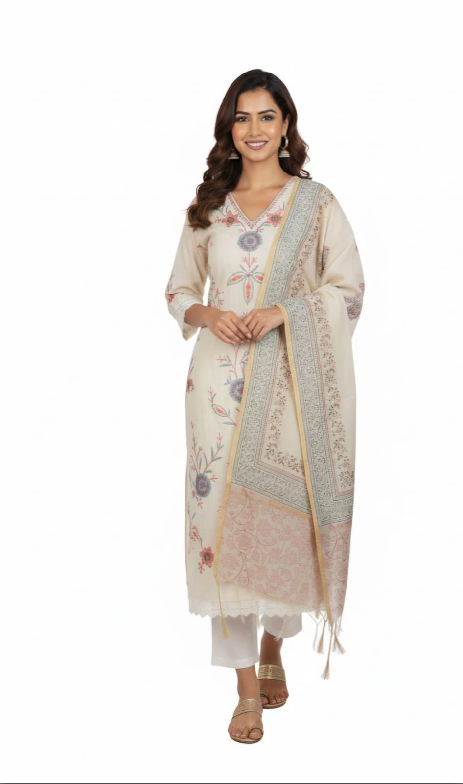 Off White pastel floral Embroidered cotton suit
