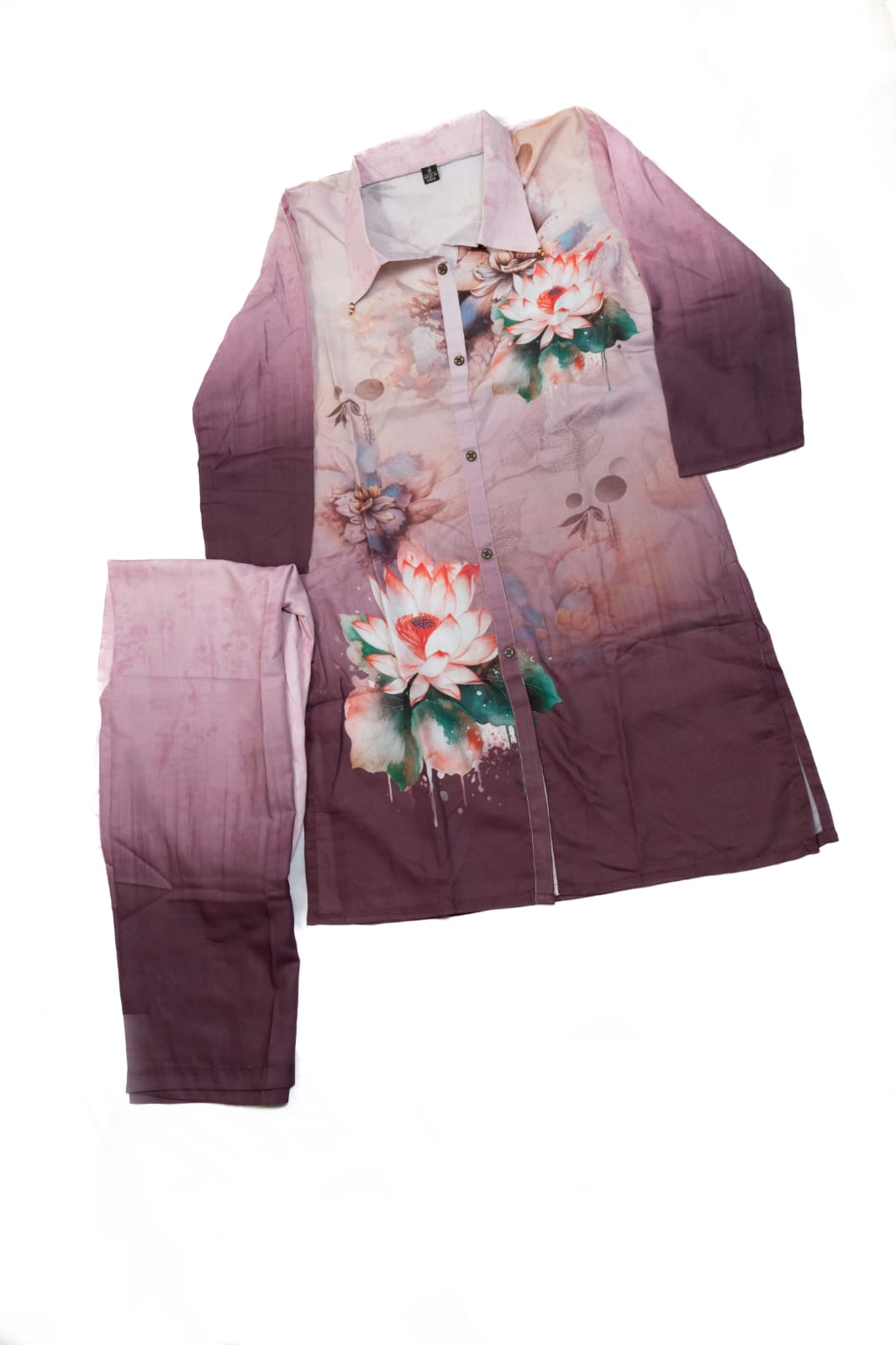 Mauve Lavender Dual-Tone Floral Digital Print Shirt-Style Co-ord Set