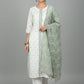Woman wearing a white kurta with green dupatta on a gray background