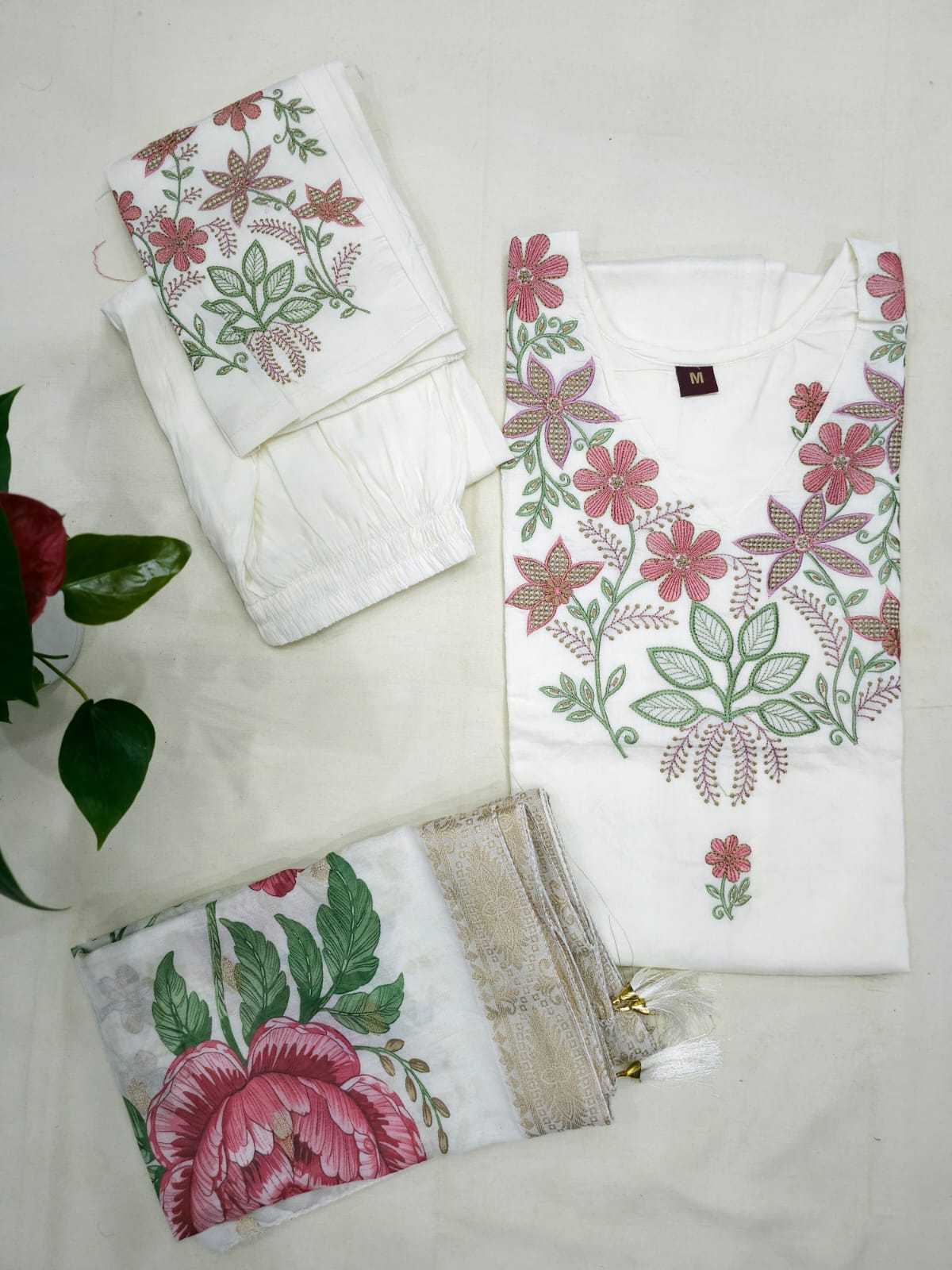 Floral Thread work  Roman silk Suit Set with Dupatta
