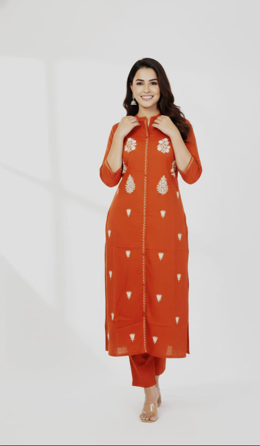Orange Embroidered Tunic and Pant Set
