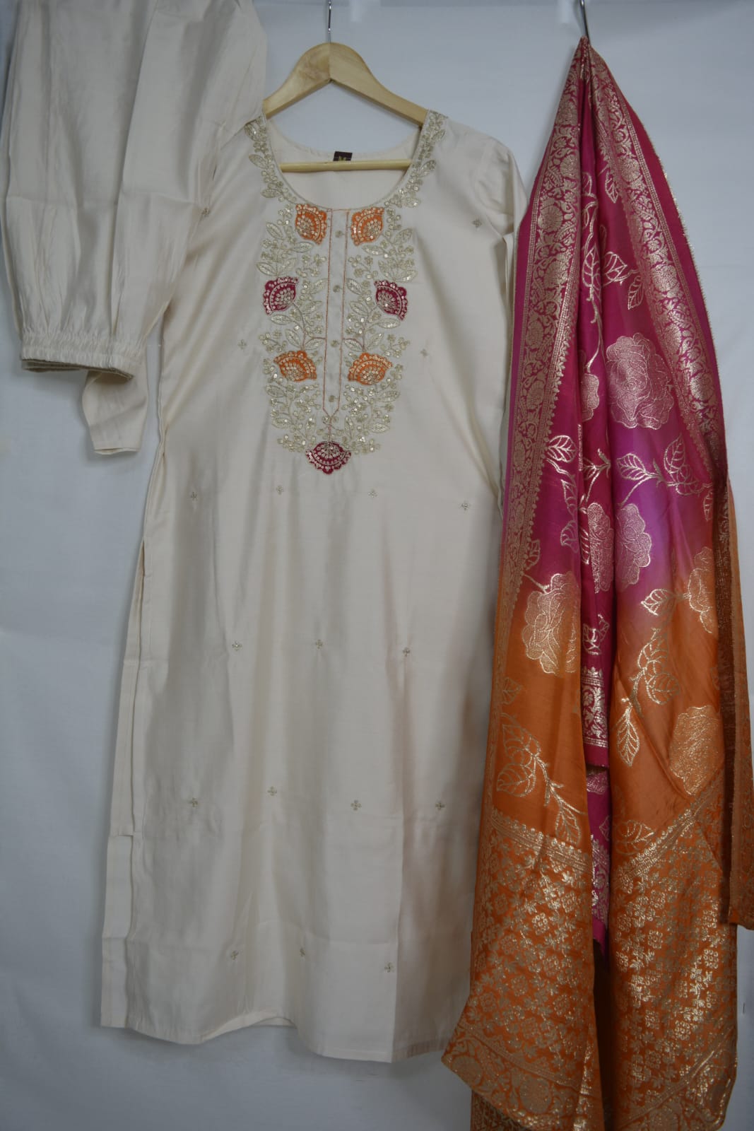 Ivory Roman Silk Suit Set with Banaras dupatta.