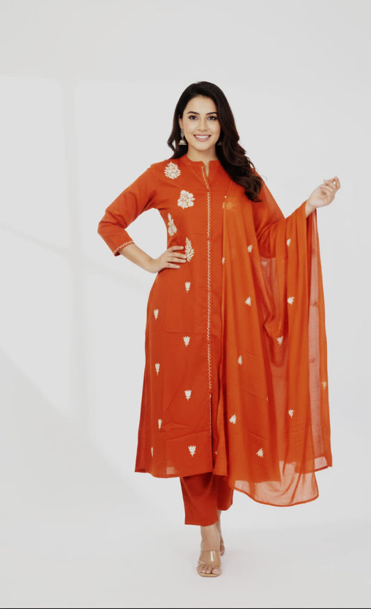Orange Embroidered Tunic and Pant Set