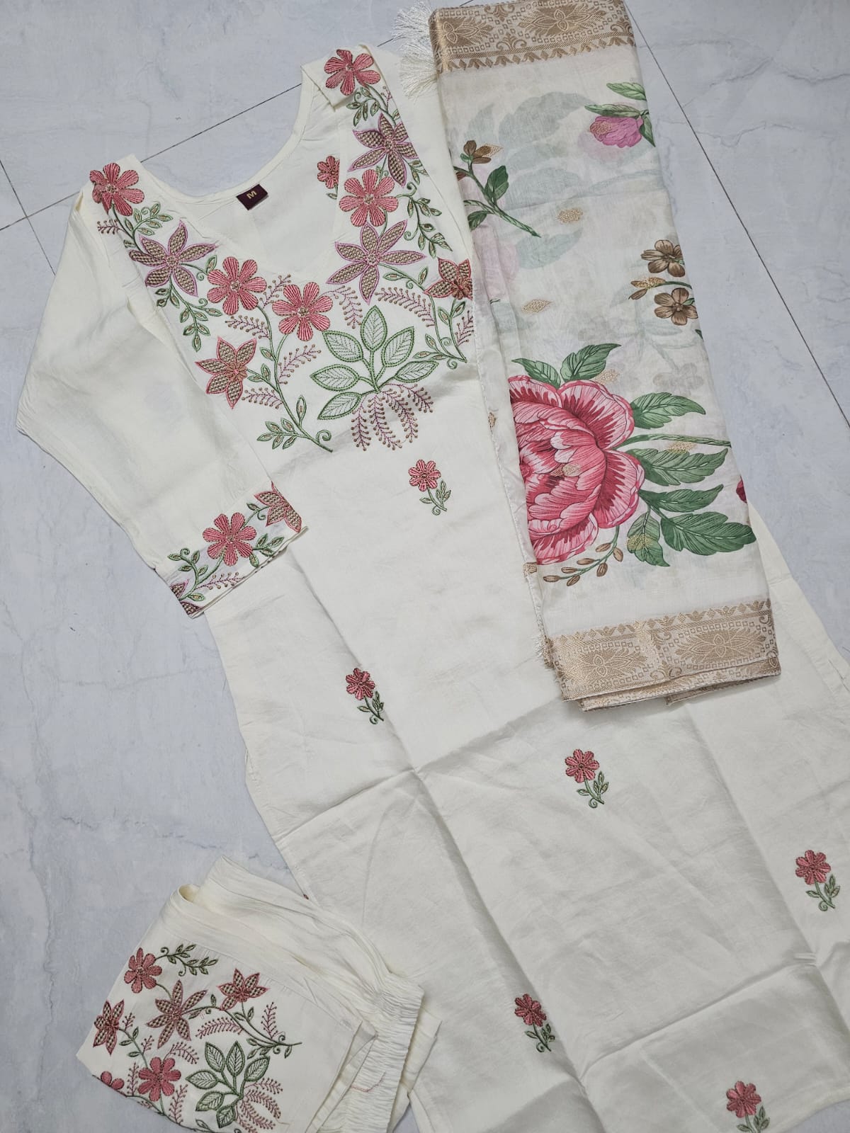 Floral Thread work  Roman silk Suit Set with Dupatta