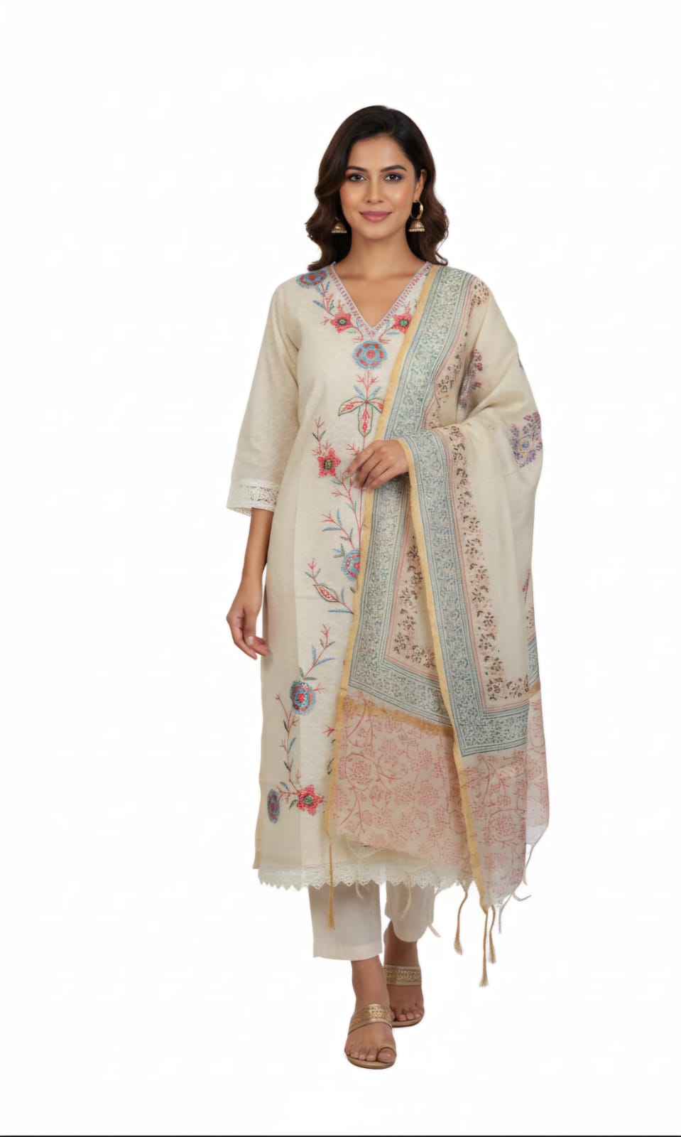 Off White pastel floral Embroidered cotton suit