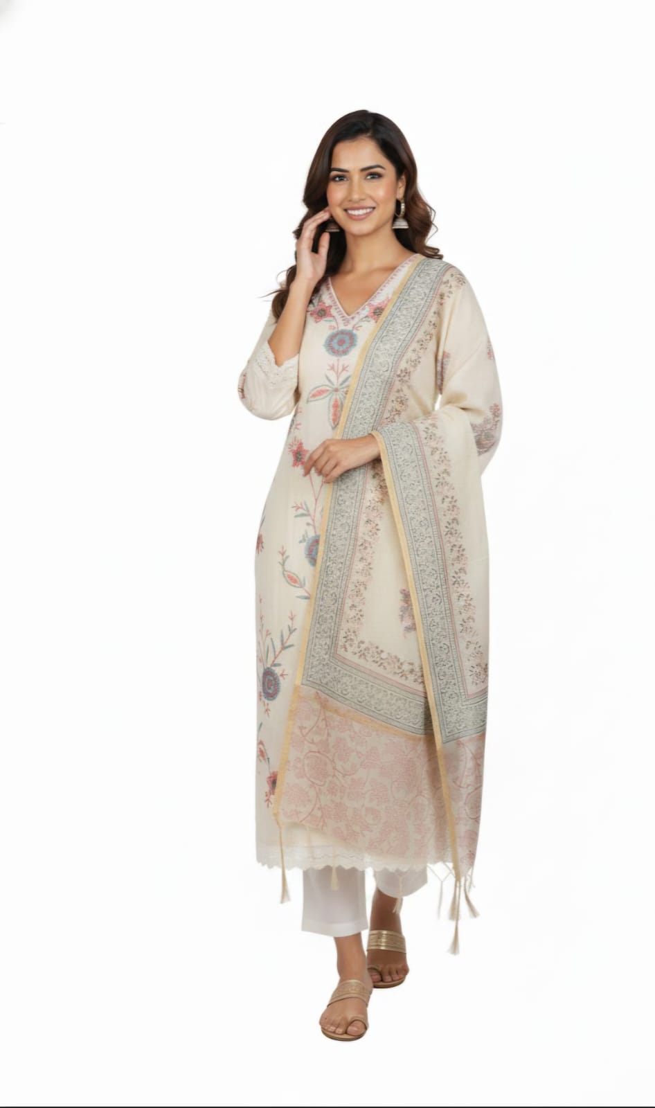 Off White pastel floral Embroidered cotton suit