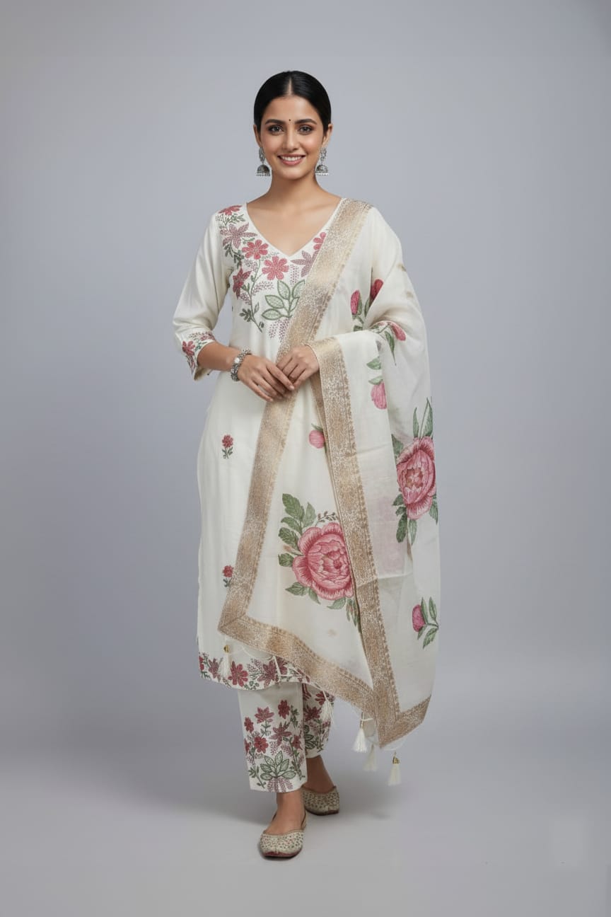 Floral Thread work  Roman silk Suit Set with Dupatta
