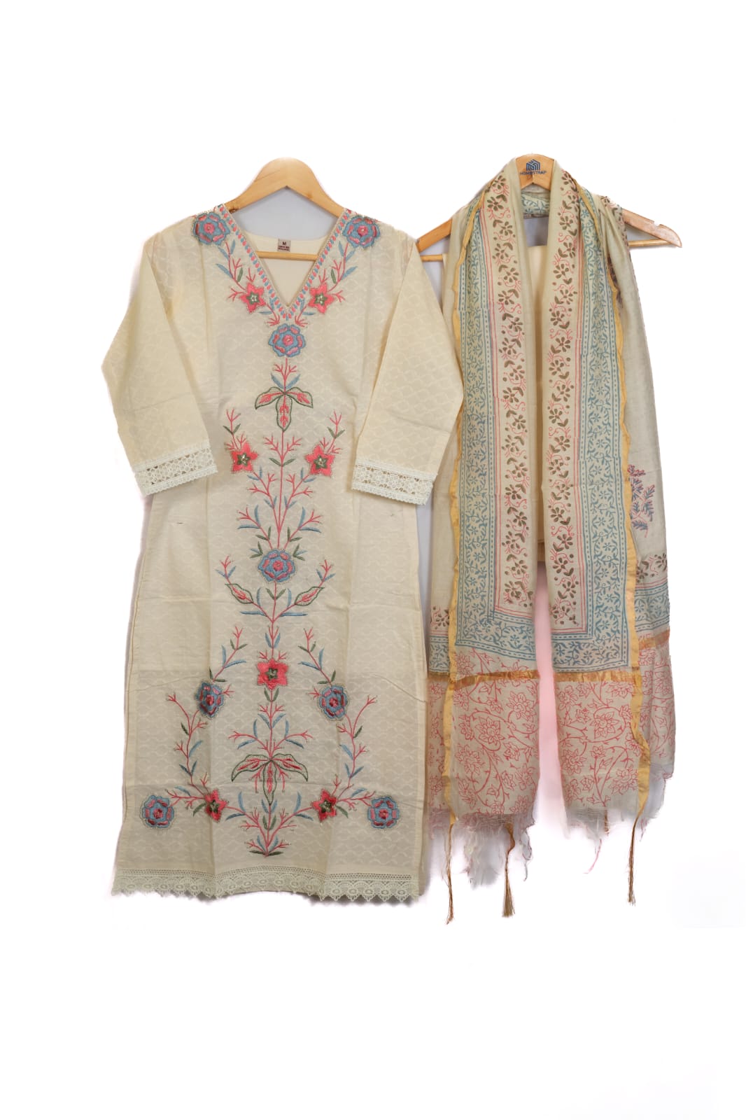 Off White pastel floral Embroidered cotton suit