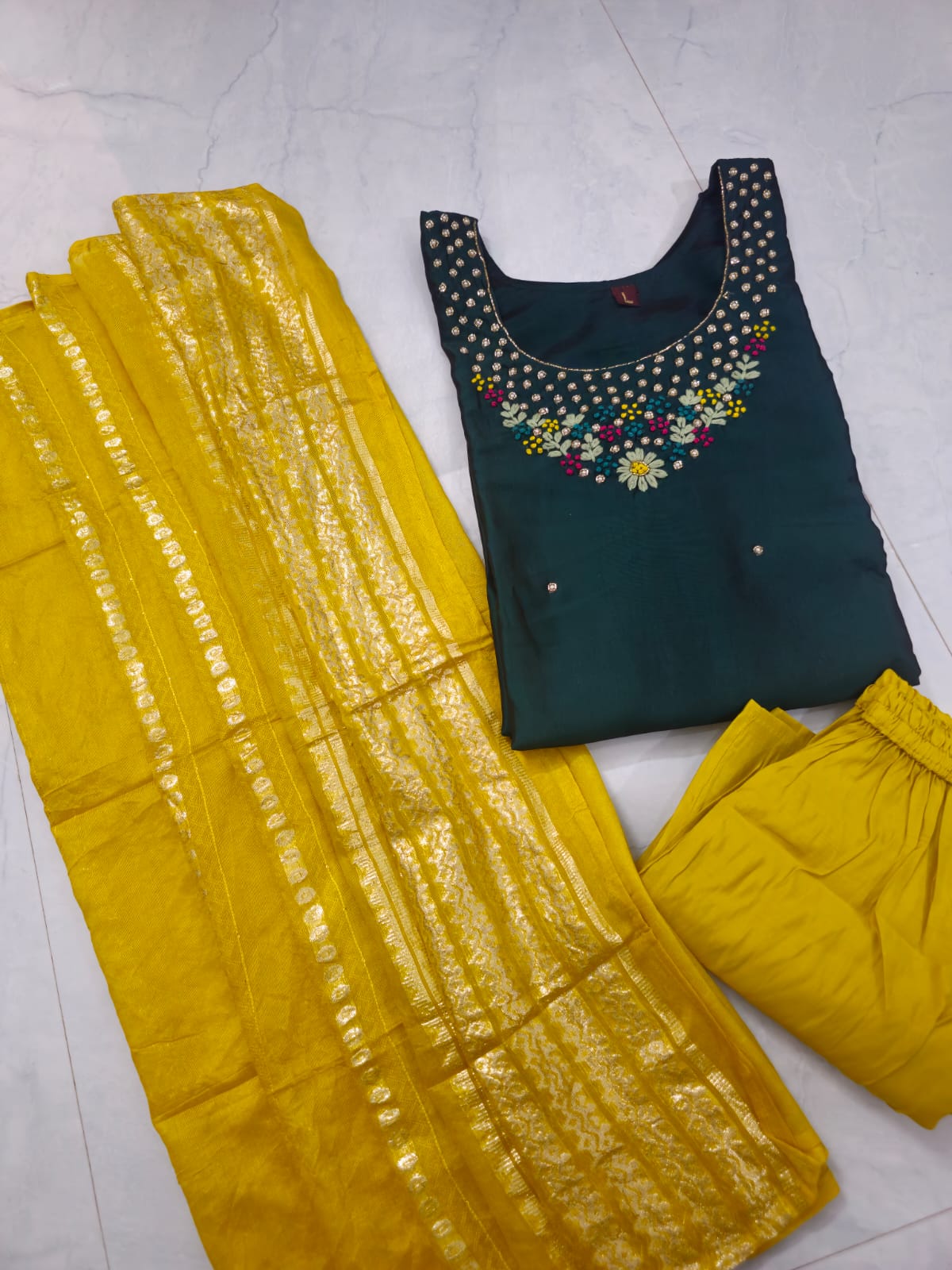 Vichitra Silk Bottle Green 3 piece Set