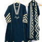 Teal Blue Chevron Print Kurta Set with Tassel Detail